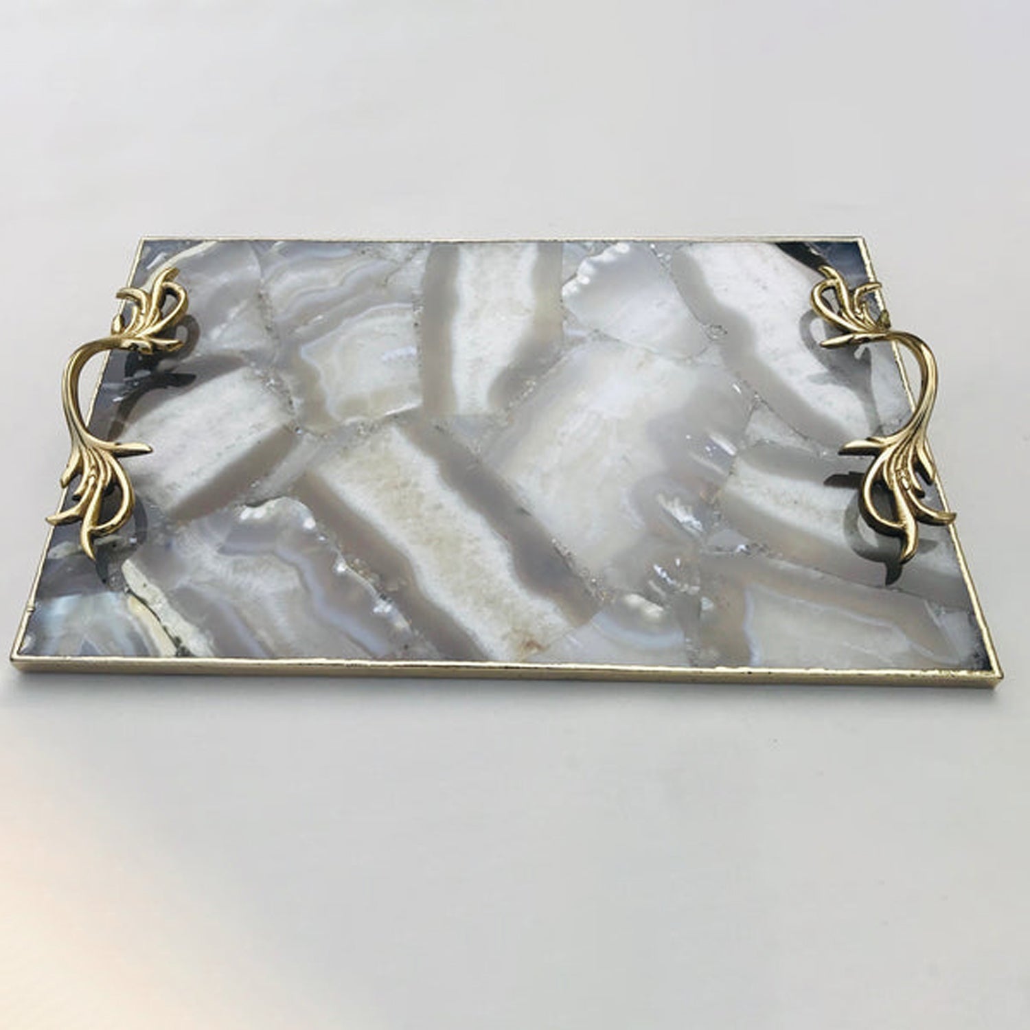 Wild Agate Serving Tray With Brass Handles